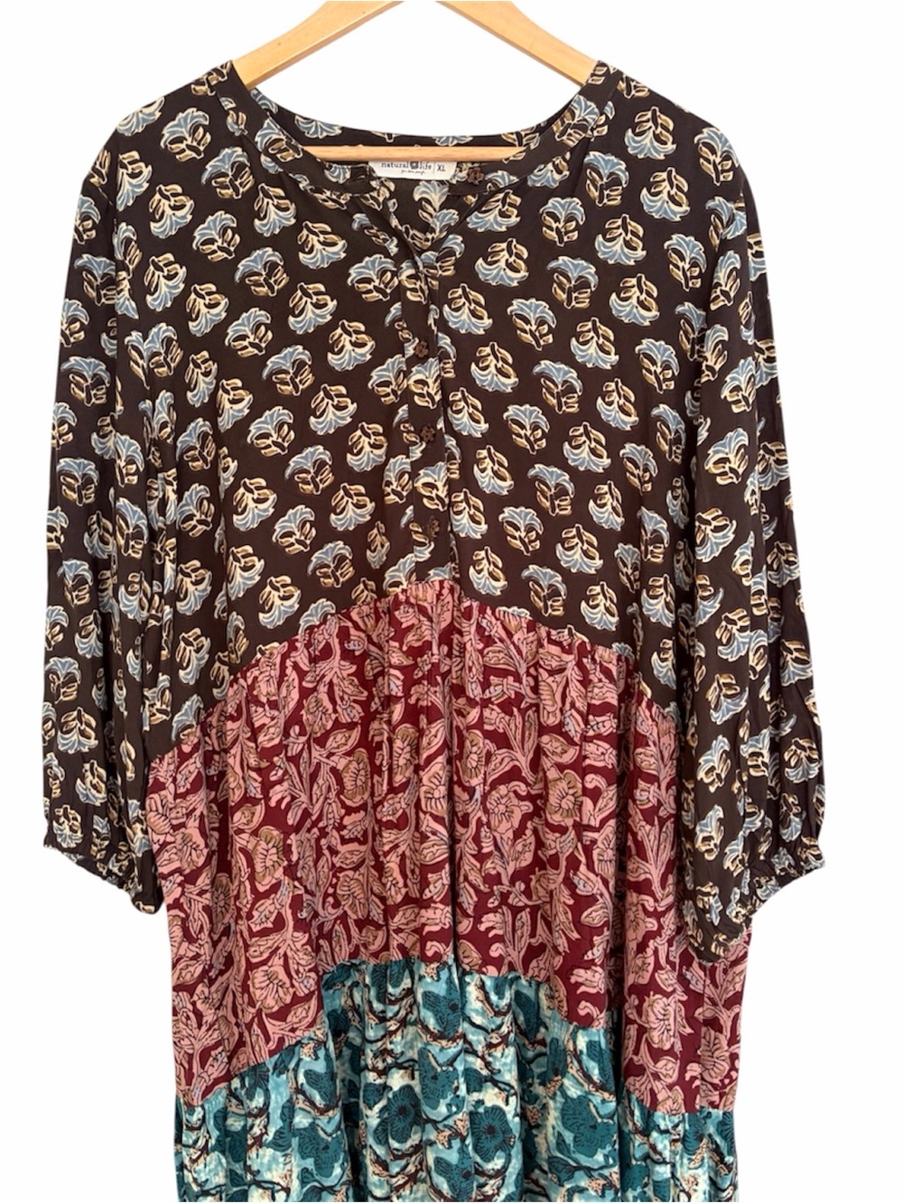 Natural Life Brown Purple Teal Mixed Print Tiered Boho Swing Dress XL - Picture 2 of 4